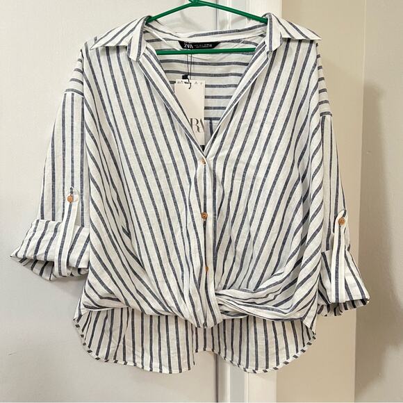 Zara STRIPED LINEN BLEND TOP Size Large - Picture 10 of 13